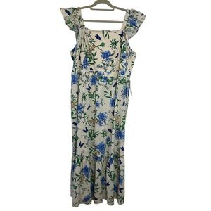 London Times Woman Blue Floral Butterfly Ruffle Midi Dress Square Neck 16W